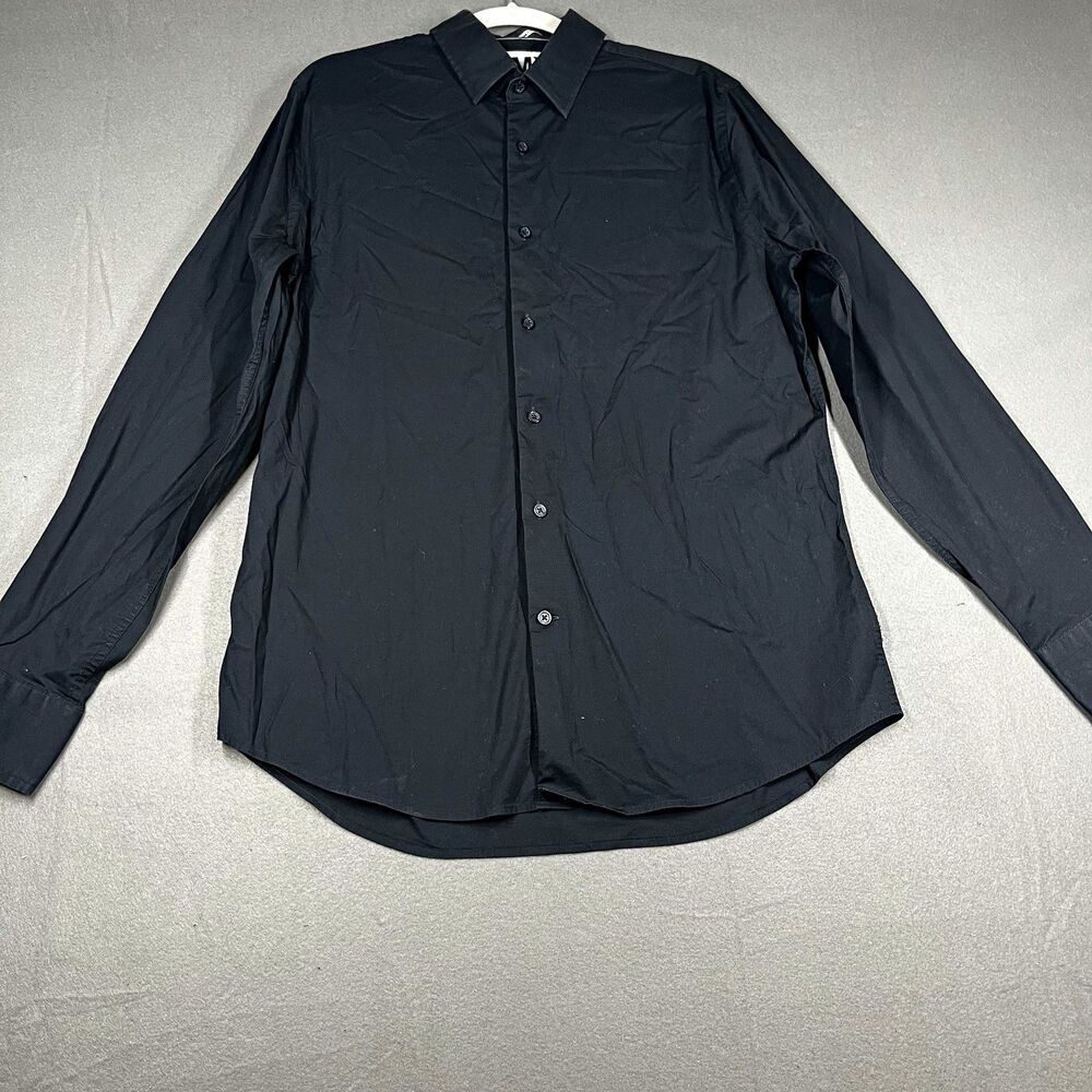 Express 1MX Mens L Slim Fit Black Solid Long Sleeve Dress Shirt 16-16.5
